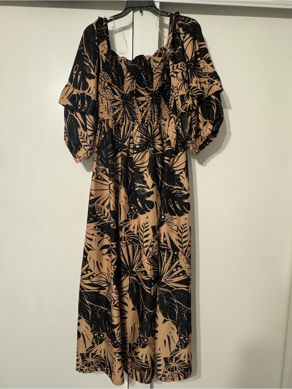 Black and Tan Tropical Print Smocked Maxi Dress